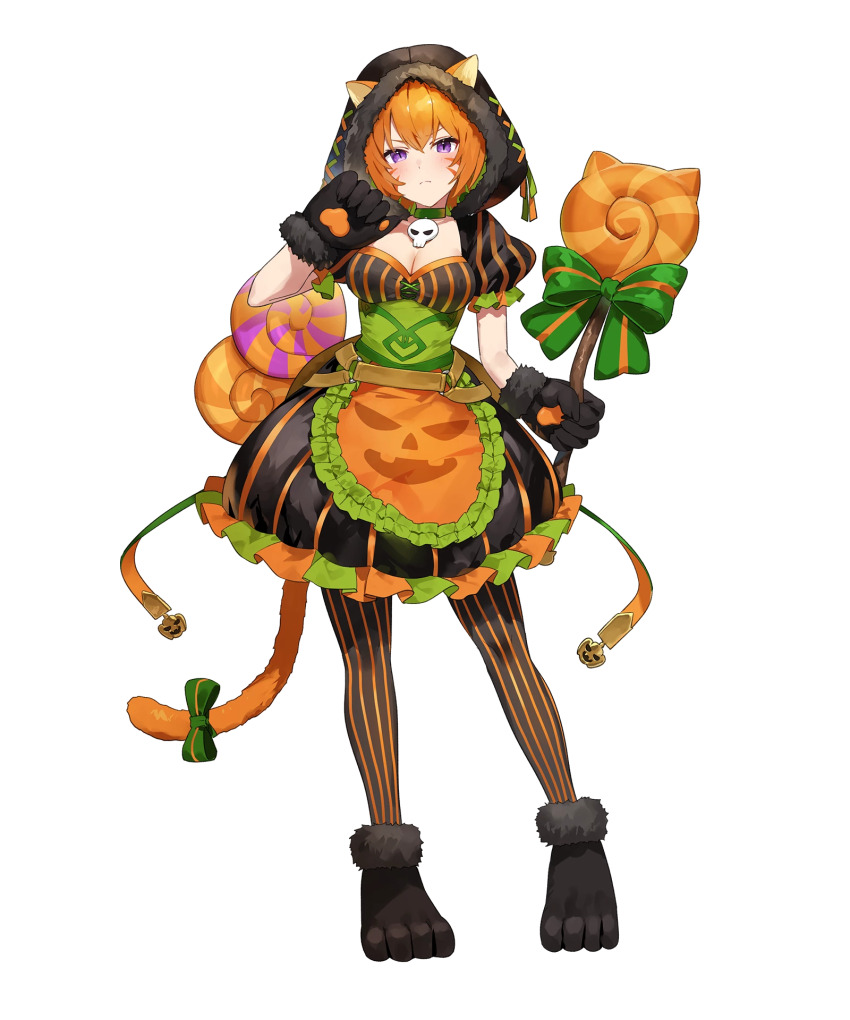 1girl animal_ears apron black_dress black_gloves black_hood breasts candy cat_ears cat_girl cat_tail cleavage dress fire_emblem fire_emblem:_path_of_radiance fire_emblem:_radiant_dawn fire_emblem_heroes food frown gloves highres hood lethe_(fire_emblem) lethe_(halloween)_(fire_emblem) lollipop looking_at_viewer medium_breasts nintendo non-web_source official_alternate_costume official_art orange_apron orange_hair pantyhose puffy_short_sleeves puffy_sleeves purple_eyes short_hair short_sleeves skull_choker solo striped_clothes striped_dress striped_leggings tachi-e tail vertical-striped_leggings