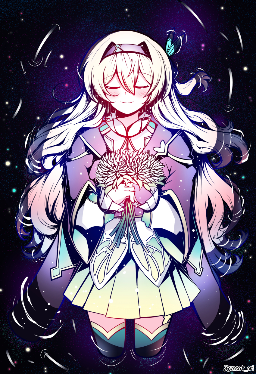 1girl absurdres black_hairband blush bridal_gauntlets closed_mouth dress electronduck firefly_(honkai:_star_rail) flower green_dress green_thighhighs grey_hair hair_between_eyes hair_ornament hairband highres holding holding_flower honkai:_star_rail honkai_(series) long_hair long_sleeves lying on_back solo thighhighs twitter_username water