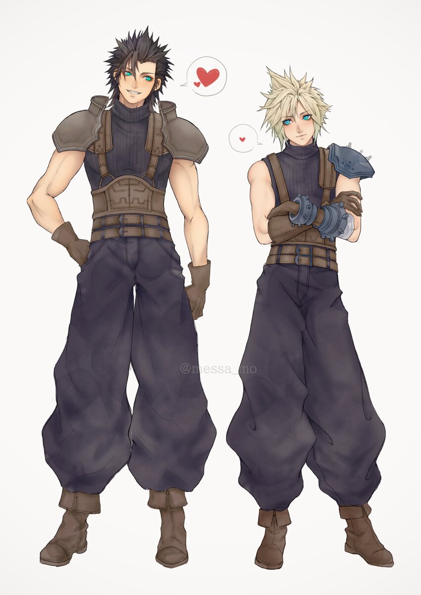 2boys absurdres aqua_eyes armor baggy_pants bandaged_arm bandages belt black_hair blonde_hair blue_pants blue_shirt boots brown_belt brown_footwear brown_gloves closed_mouth cloud_strife crossed_arms final_fantasy final_fantasy_vii final_fantasy_vii_remake full_body gloves grin hair_between_eyes hair_slicked_back hand_on_own_hip heart highres looking_at_another male_focus messa_mo multiple_belts multiple_boys pants shirt short_hair shoulder_armor sideburns single_bare_shoulder single_shoulder_pad sleeveless sleeveless_turtleneck smile spiked_hair spoken_heart standing suspenders teeth turtleneck white_background yaoi zack_fair