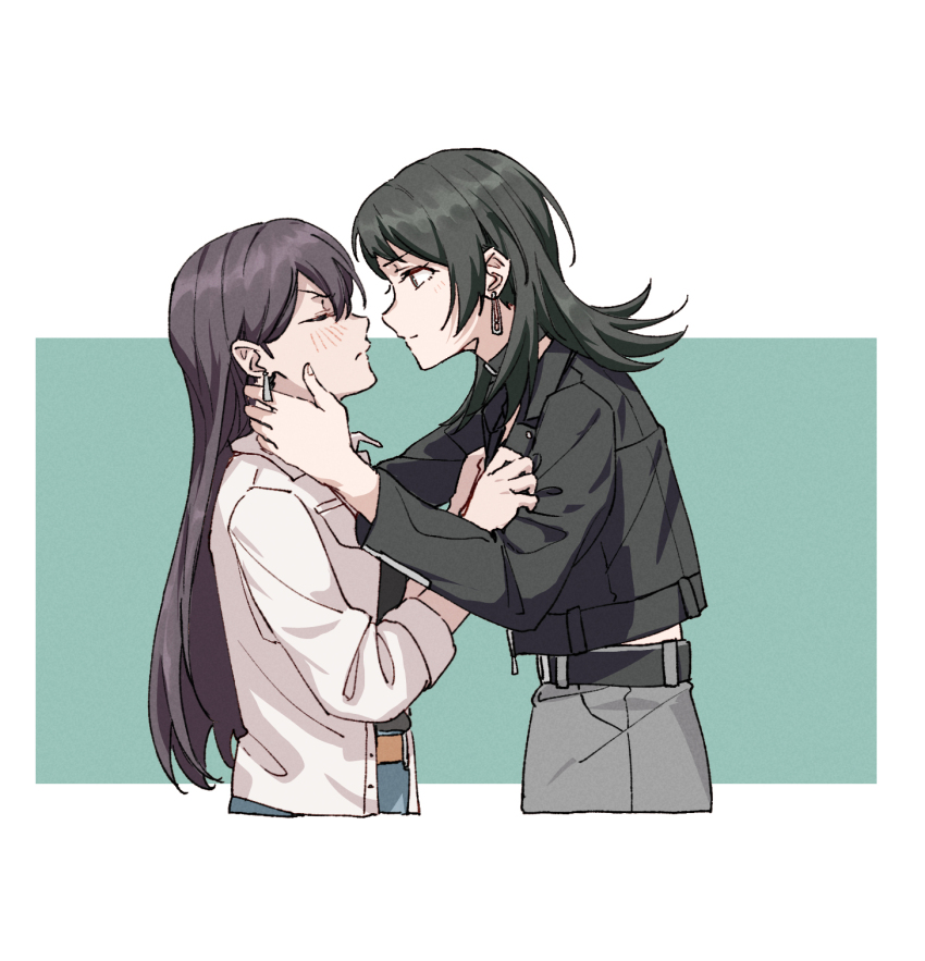 2girls bang_dream! bang_dream!_it&#039;s_mygo!!!!! belt black_choker black_hair black_jacket black_shirt blue_skirt blush brown_hair choker closed_eyes cropped_legs earrings grabbing_another&#039;s_arm green_eyes grey_skirt hand_on_another&#039;s_cheek hand_on_another&#039;s_face highres imminent_kiss jacket jewelry joker_(jjjokerrr233) long_hair looking_at_another medium_hair multiple_girls shiina_taki shirt skirt white_jacket yahata_umiri yuri
