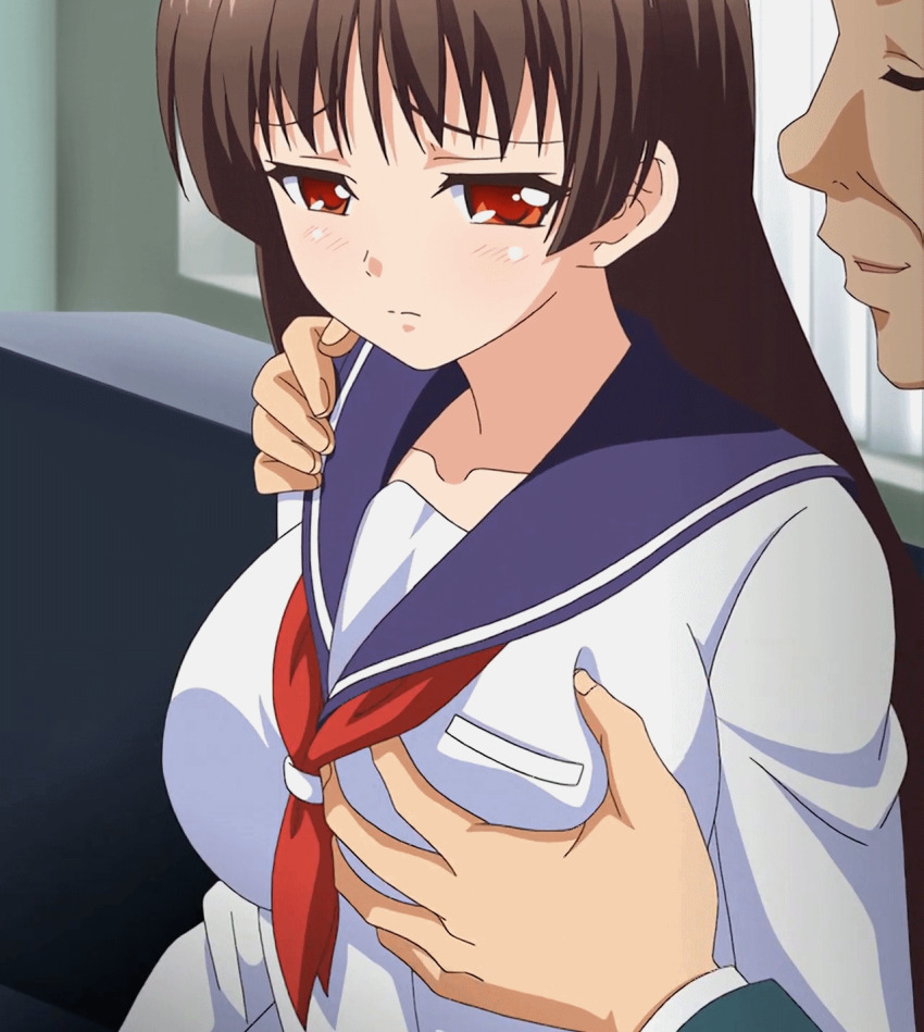 1boy 1girl animated animated_gif anime_screenshot aoyama_hatsune blue_serafuku blush breasts brown_eyes brown_hair collarbone grabbing_another&#039;s_breast groping hand_on_another&#039;s_shoulder highres huge_breasts jk_to_ero_giin_sensei jk_to_inkou_kyoushi_4 long_sleeves looping_animation neckerchief poro red_neckerchief school_uniform serafuku shirt solo_focus stitched third-party_edit white_shirt