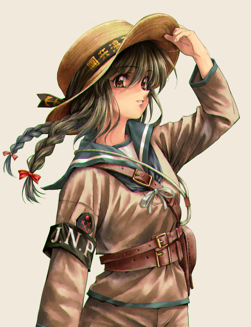 1girl absurdres belt braid brown_eyes commentary grey_hair hat highres holster imperial_japanese_navy long_hair longmei_er_de_tuzi looking_to_the_side military military_uniform naval_uniform naval_working_uniform original parted_lips retro_artstyle sailor smile solo straw_hat twin_braids world_war_ii