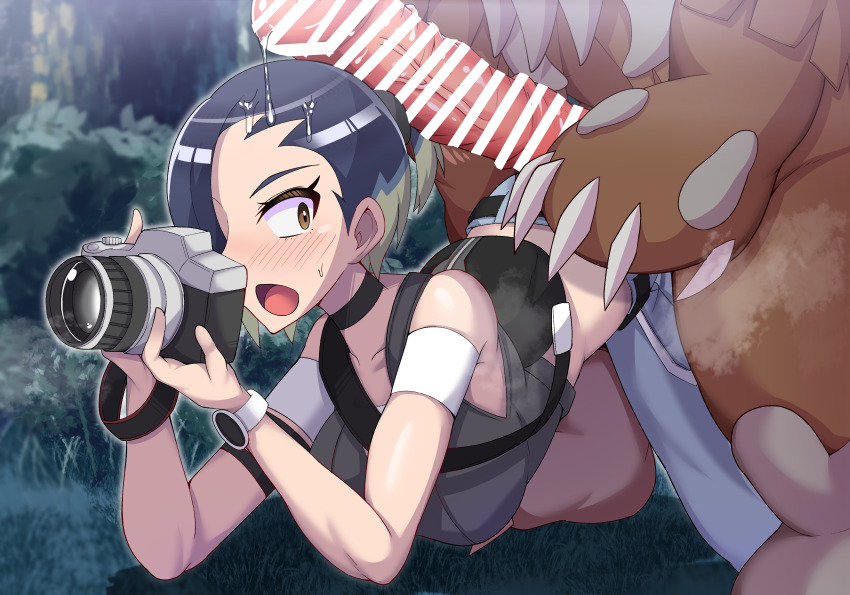 1boy 1girl absurdres animal_penis aqua_hair arm_strap ashikoshi_jakushi bar_censor bare_shoulders bestiality black_choker blue_hair blue_pants blush breasts brown_eyes camera censored choker collarbone constricted_pupils cropped_shirt denim eyebrows eyelashes feet_out_of_frame green_hair grey_shirt hetero highres imminent_penetration imminent_rape large_breasts large_variant_set looking_at_another looking_back multicolored_hair nintendo open_mouth outdoors pants penis perrin_(pokemon) pokemon pokemon_(creature) pokemon_sv pokephilia precum scared shirt short_hair sleeveless sleeveless_shirt solo_focus surprised top-down_bottom-up ursaluna variant_set