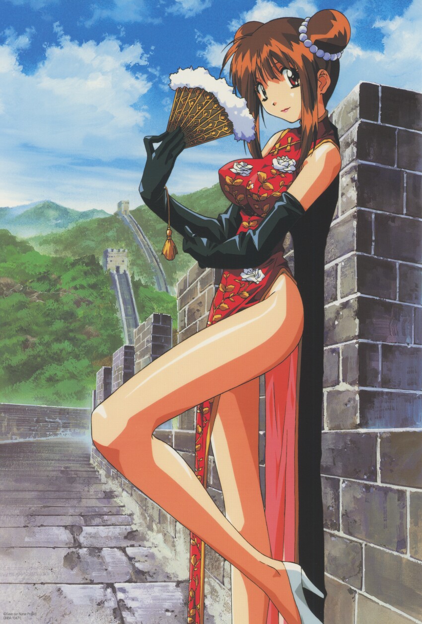 absurdres breasts brown_eyes brown_hair china_dress chinese_clothes double_bun dress fan great_wall_of_china hair_bun highres large_breasts lipstick makeup nanako_kaitai_shinsho non-web_source official_art shichigusa_nanako yamashita_toshinari