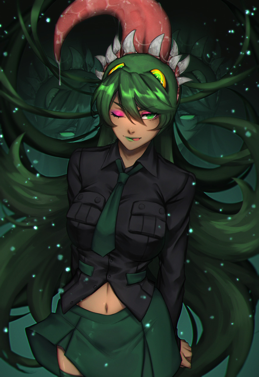1girl arms_behind_back b1n04 cowboy_shot eyeshadow fukua_(skullgirls) glowing glowing_eyes green_background green_eyes green_hair green_lips highres licking_lips long_hair makeup multiple_persona navel necktie one_eye_closed pleated_skirt saliva saliva_trail school_uniform shamone_(skullgirls) sharp_teeth skirt skullgirls smile solo sparkle teeth tongue tongue_out