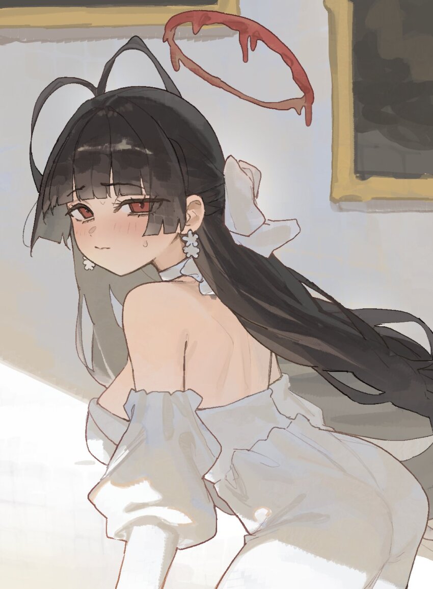 1girl antenna_hair arch_05x bare_shoulders black_hair blue_archive blunt_bangs blush breasts choker closed_mouth detached_sleeves dress earrings from_side halo hashtag-only_commentary highres hime_cut jewelry large_breasts leaning_forward liquid_halo long_hair long_sleeves looking_at_viewer melting_halo official_alternate_costume painting_(object) puffy_long_sleeves puffy_sleeves red_eyes red_halo solo sweat tsurugi_(blue_archive) tsurugi_(dress)_(blue_archive) very_long_hair white_choker white_dress