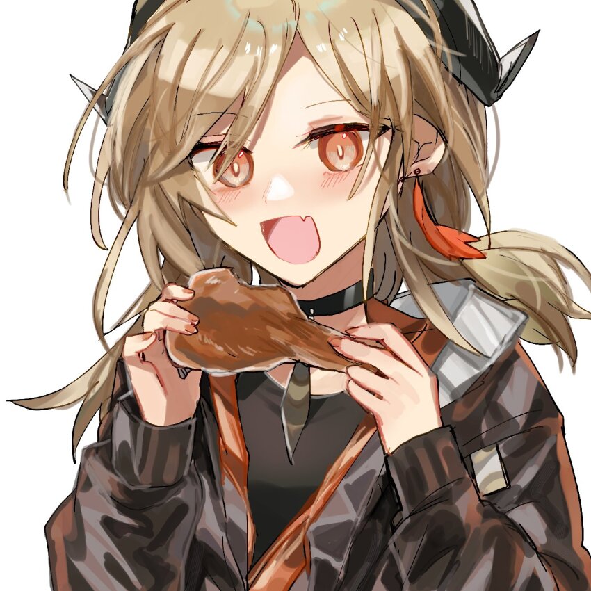 1girl arknights black_choker black_horns black_jacket blonde_hair blush chicken_(food) chicken_wing choker commentary fang food fumi_(rdbm) highres holding holding_food horns ifrit_(arknights) ifrit_(lone_trail)_(arknights) jacket long_sleeves medium_hair one-hour_drawing_challenge open_mouth orange_eyes simple_background skin_fang smile solo upper_body white_background