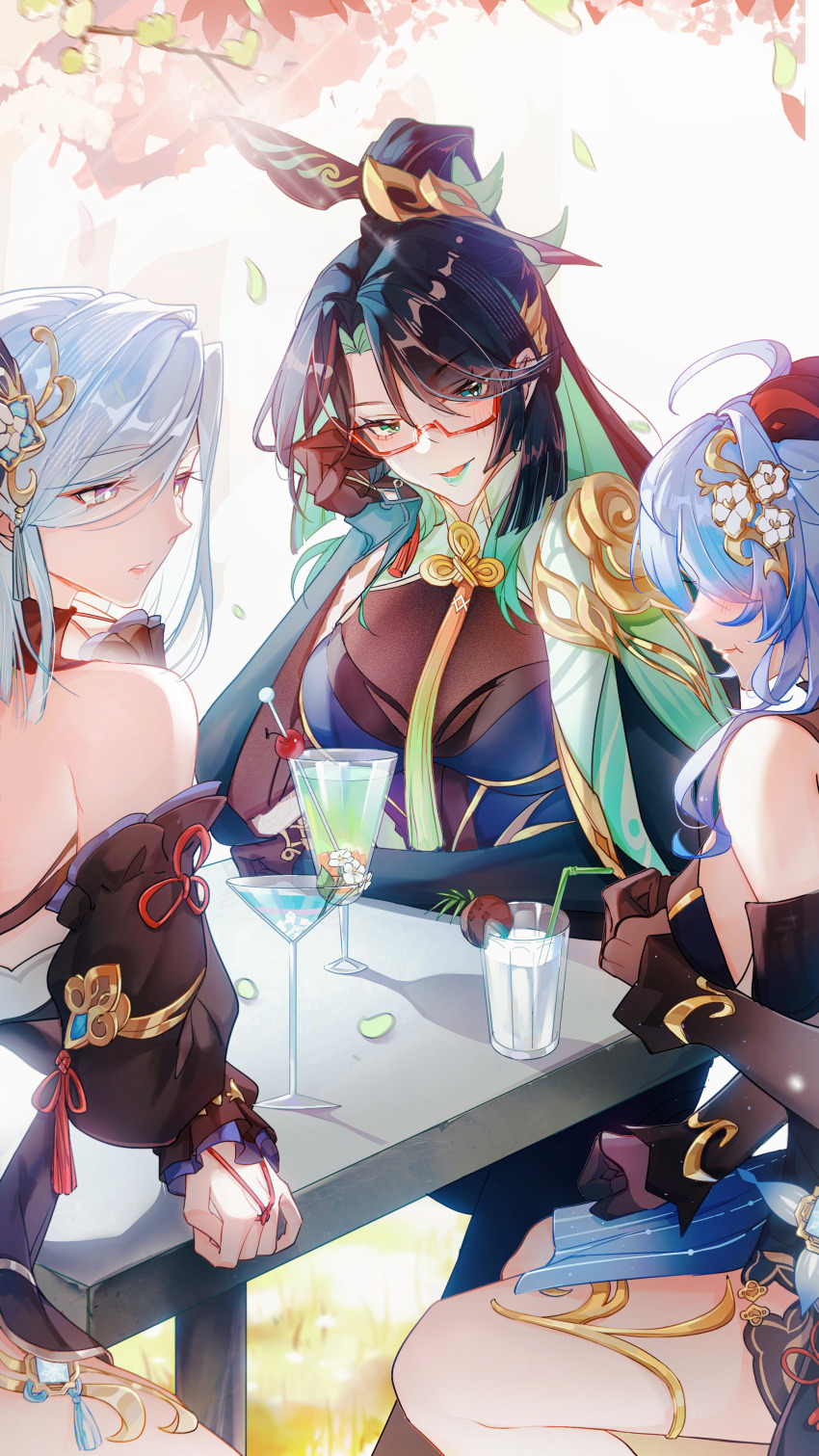 3girls absurdres aqua_eyes aqua_hair bare_shoulders black_hair blue_hair blush bodysuit breasts brown_gloves brown_sleeves cherry closed_mouth coconut colored_inner_hair detached_sleeves drinking_straw earrings flower food fruit ganyu_(genshin_impact) ganyu_(twilight_blossom)_(genshin_impact) genshin_impact glass glasses gloves goat_horns hair_between_eyes hair_ornament highres horns jewelry lips long_hair looking_at_viewer low-tied_long_hair medium_breasts multicolored_hair multiple_girls open_mouth red-framed_eyewear semi-rimless_eyewear shenhe_(frostflower_dew)_(genshin_impact) shenhe_(genshin_impact) shenjudongmandabanban smile two-tone_hair very_long_hair white_hair xianyun_(genshin_impact)