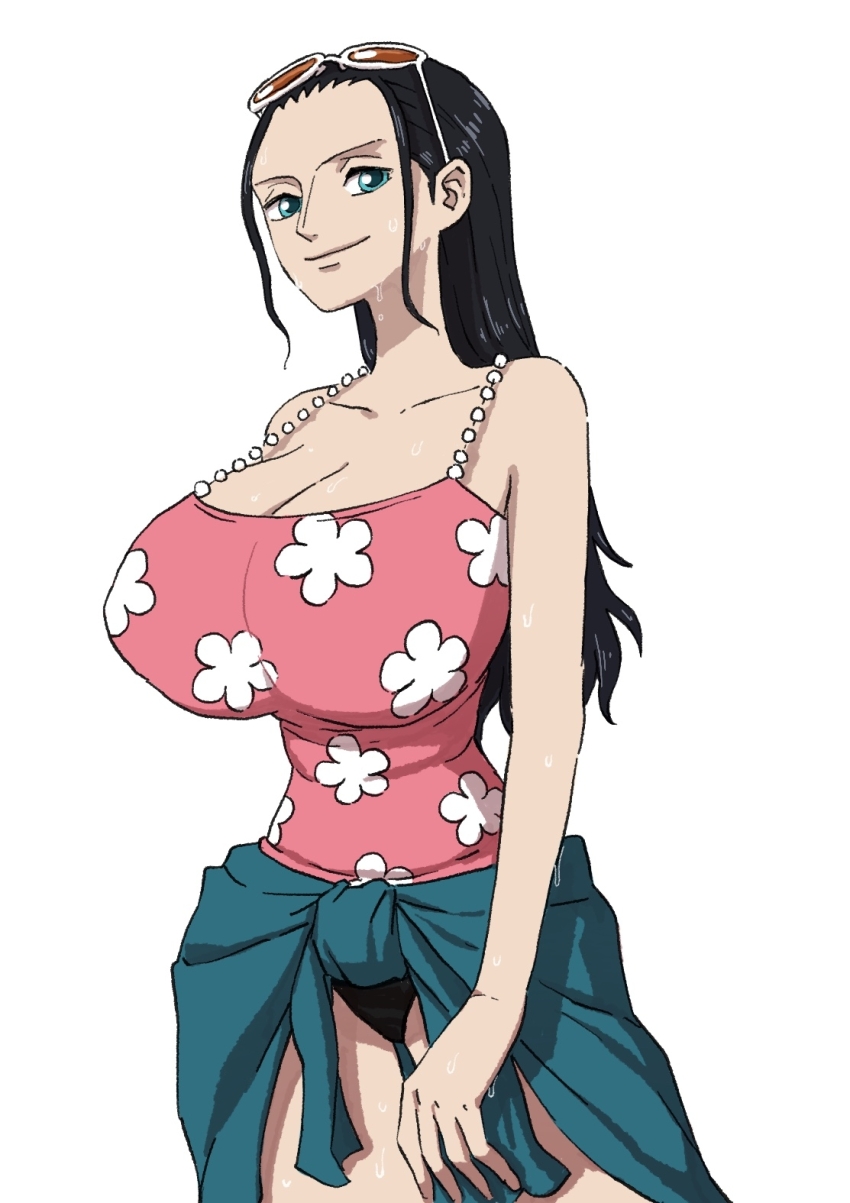 1girl black_hair blue_eyes breasts camisole cleavage eyewear_on_head female_focus floral_print glasses gutaigutai highres huge_breasts large_breasts long_hair looking_at_viewer nico_robin nico_robin_(punk_hazard) one_piece panties smile solo source_request sunglasses sweat swimsuit underwear white_background