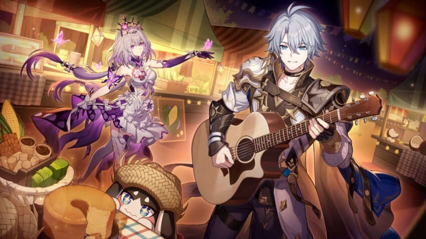 1boy 1girl acoustic_guitar antenna_hair armor black_choker black_gloves black_pants black_shirt black_tiara blue_cape blue_eyes breasts bug butterfly cape castorice_(honkai:_star_rail) choker coat commentary_request dress fingerless_gloves gloves guitar hat highres holding holding_guitar holding_instrument honkai:_star_rail honkai_(series) insect instrument long_hair low-tied_long_hair neck_tattoo official_art pants pauldrons phainon_(honkai:_star_rail) pom-pom_(honkai:_star_rail) portuguese_commentary purple_butterfly purple_eyes purple_hair shirt short_hair shoulder_armor single_glove single_pauldron small_breasts straw_hat tattoo thigh_strap thighhighs tiara very_long_hair white_coat white_dress white_hair white_thighhighs