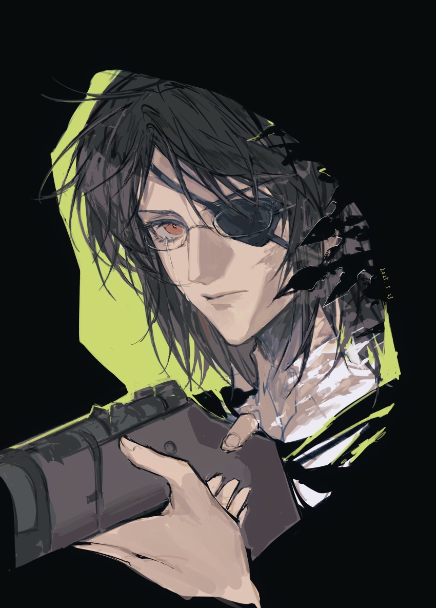 1girl absurdres black_border border brown_hair collared_shirt crying crying_with_eyes_open dated expressionless eyepatch green_background gun hange_zoe highres holding holding_gun holding_weapon one_eye_covered orange_eyes portrait rifle rimless_eyewear shingeki_no_kyojin shirt solo streaming_tears tears tears_from_one_eye unkempt weapon white_shirt zhouliang48183