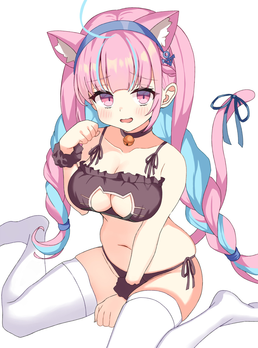 1girl anchor_hat_ornament animal_ears aqua_hair bell bikini black_bra black_choker black_panties black_scrunchie blue_hairband blue_ribbon blush bra braid breasts cat_cutout cat_ears cat_girl cat_lingerie cat_tail choker cleavage clothing_cutout collarbone colored_inner_hair commentary frilled_bra frills hair_tie hairband hat_ornament highres hololive jingle_bell large_breasts long_hair looking_at_viewer minato_aqua multicolored_hair navel neck_bell neck_ribbon open_mouth panties pink_eyes pink_hair ribbon scrunchie side-tie_bikini_bottom simple_background sitting solo stomach streaked_hair swimsuit tail thighhighs thighs twin_braids twintails two-tone_hair underwear upturned_eyes virtual_youtuber wariza white_background white_thighhighs wrist_scrunchie y-ha