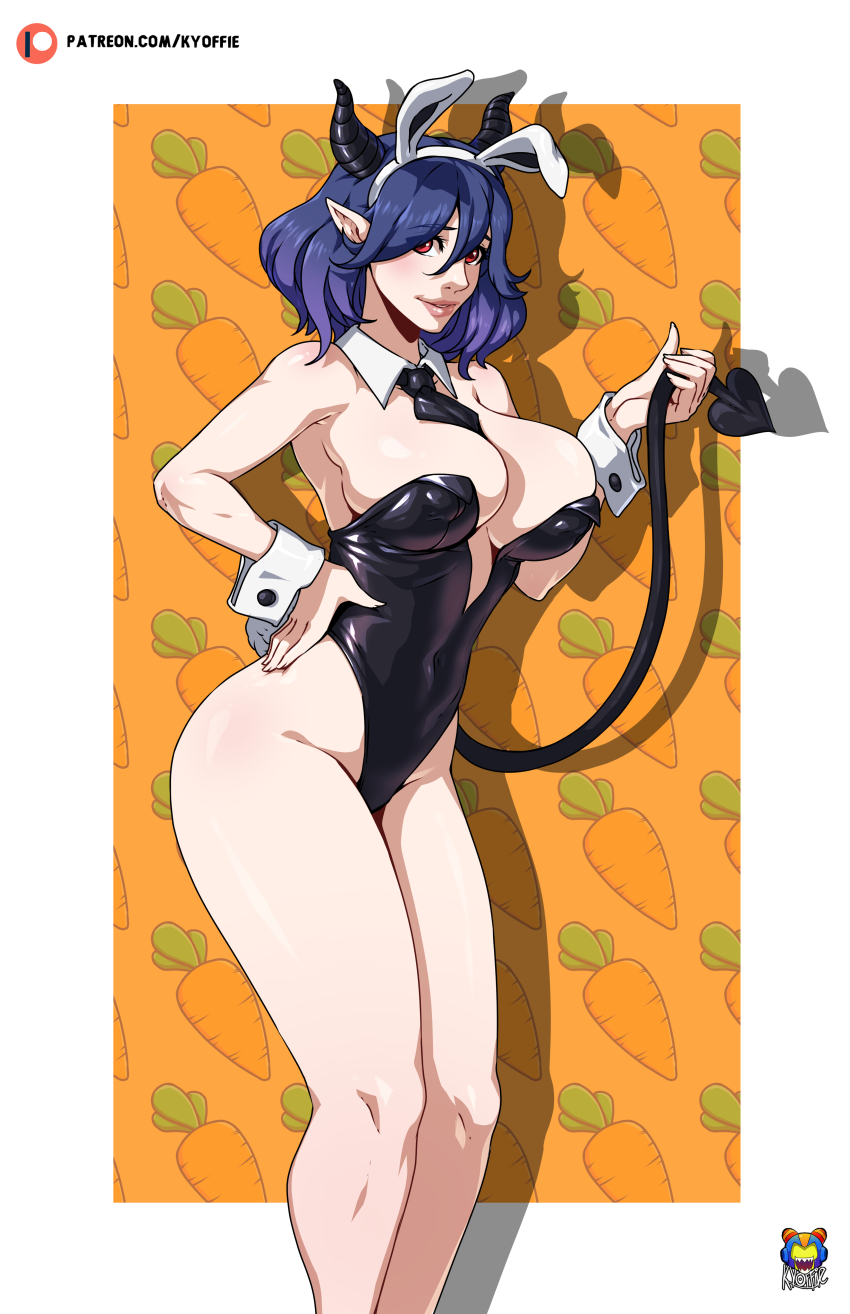 1girl absurdres animal_ears artist_name bare_shoulders breasts carrot_print demon_girl fake_animal_ears food_print hand_on_own_hip highres horns huge_breasts kinsou_no_vermeil kyoffie leotard lips nais necktie orange_background playboy_bunny pointy_ears purple_hair red_eyes smile tail vermeil_(kinsou_no_vermeil) wrist_cuffs