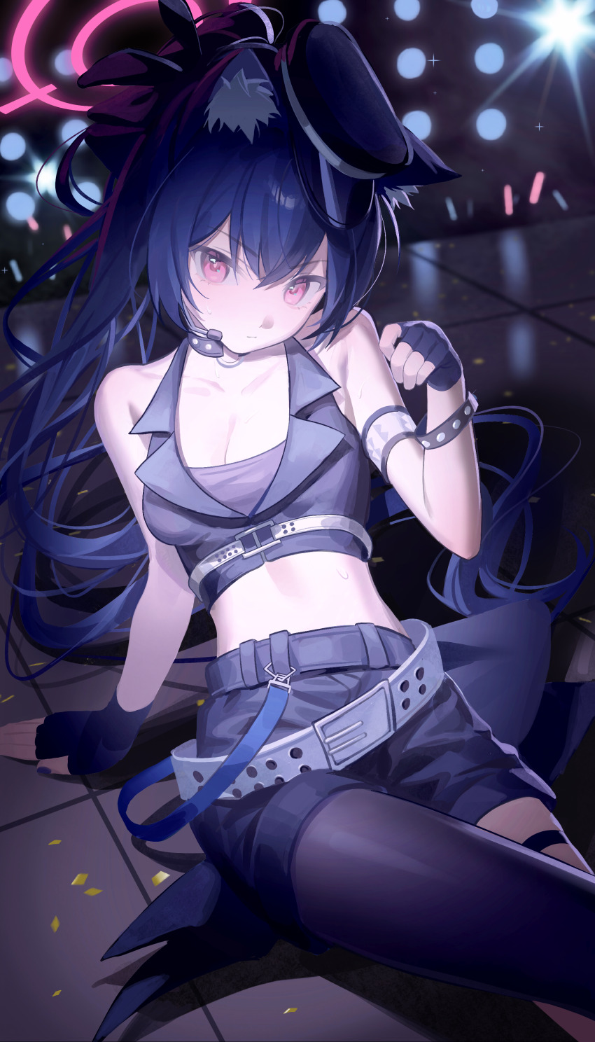 1girl absurdres animal_ear_fluff animal_ears arm_support bare_shoulders black_gloves black_hair black_pantyhose black_shorts black_vest blue_archive breasts cat_ears cat_girl cleavage closed_mouth commentary_request cropped_vest earpiece fingerless_gloves gloves glowstick hair_between_eyes halo hand_up highres long_hair looking_at_viewer medium_breasts midriff official_alternate_costume official_alternate_hairstyle pantyhose red_eyes red_halo serika_(blue_archive) serika_(idol)_(blue_archive) short_shorts shorts side_ponytail single_leg_pantyhose sitting stage thigh_strap vest xianyusixu