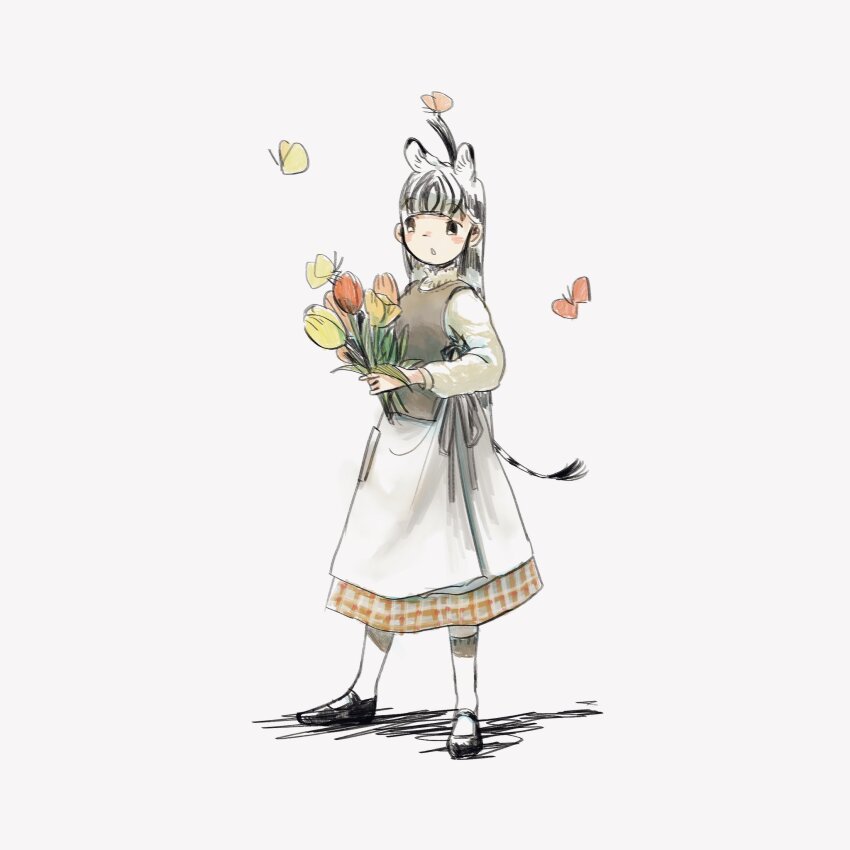1girl alternate_costume animal_ears apron black_hair black_shoes blunt_bangs blush bouquet brown_vest bug butterfly casual dress extra_ears flower full_body high_collar highres insect kemono_friends long_hair long_skirt long_sleeves mary_janes multicolored_hair orange_skirt plaid_clothes plaid_skirt plains_zebra_(kemono_friends) shimazoenohibi shirt shoes skirt socks solo two-tone_hair vest white_apron white_hair white_socks yellow_shirt zebra_ears zebra_girl zebra_tail