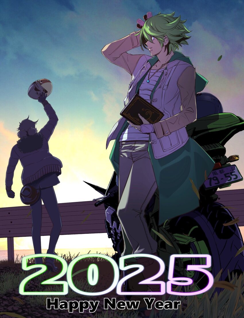 2025 2boys black_hair book fuuto_tantei green_eyes green_hair happy_new_year hardboilder hat helmet hidari_shoutarou highres holding hood jacket kamen_rider kamen_rider_w long_sleeves male_focus motor_vehicle motorcycle multiple_boys new_year official_art pants philip_(kamen_rider) sato_masaki_(masayakofu) shirt short_hair vest