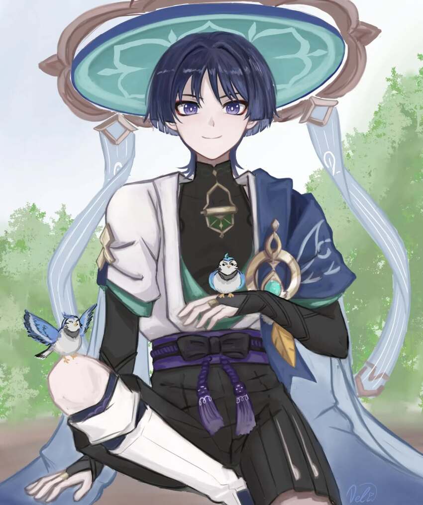 1boy aqua_gemstone aqua_kimono aqua_sleeves arm_at_side armor belt bird bird_on_hand bird_on_knee bird_on_leg black_belt black_bodysuit black_bow black_bridal_gauntlets black_hair black_shorts blue_cape blunt_ends bodysuit bow bridal_gauntlets bright_pupils bush cape closed_mouth colored_inner_hair covered_collarbone delisha_lia eyeliner eyeshadow feathers furisode gem genshin_impact gold gold_ring grey_hair hakama hakama_shorts hand_up highres japanese_armor japanese_clothes juban kimono kote kurokote layered_sleeves leg_warmers leggings looking_at_viewer makeup male_focus mandarin_collar middle_ring multicolored_hair open_clothes open_hand open_kimono outdoors overcast pleated_shorts pom_pom_(clothes) purple_leggings purple_rope purple_sash red_eyeliner red_eyeshadow rope sash scaramouche_(genshin_impact) short_sleeves shorts shoulder_peek signature sky smile solo straight-on tassel vision_(genshin_impact) wanderer_(genshin_impact) white_kimono white_leg_warmers white_pupils white_sleeves white_trim wispy_bangs yellow_feathers