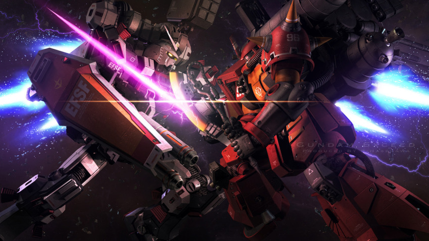 3d arm_cannon artist_request battle cable double_beam_cannon duel earth_federation_space_forces full_armor_gundam gundam gundam_thunderbolt heat_hawk lens_flare lightning machinery mecha mecha_focus missile_pod mobile_suit no_humans one-eyed radio_antenna realistic robot roundel scene_reference science_fiction shield shoulder_spikes space spikes thrusters v-fin weapon zaku_ii zaku_ii_(reuse_p_device) zeon