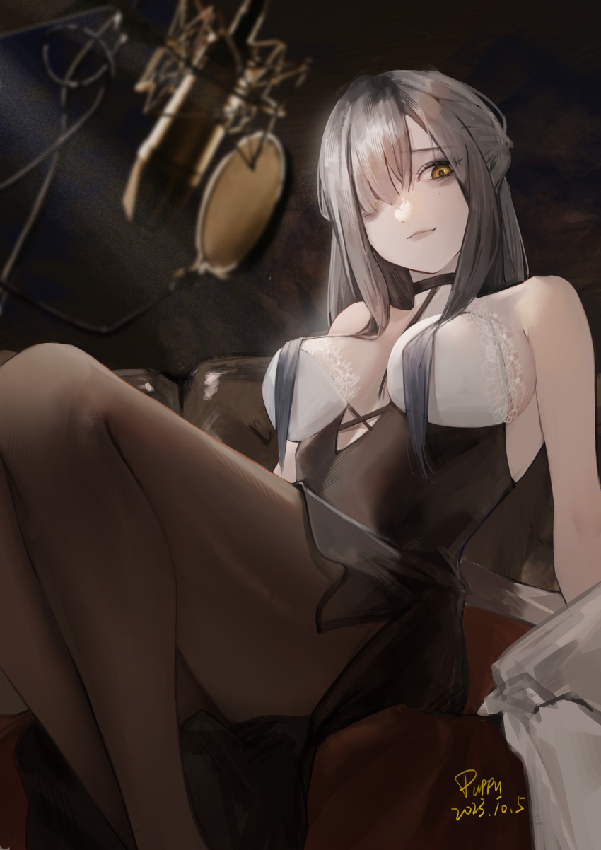 1girl absurdres artist_name bare_shoulders black_choker black_pantyhose breasts cable choker commentary couch dated dress eleven_(path_to_nowhere) english_commentary from_below grey_hair grey_lips hair_over_one_eye hair_over_shoulder hair_pulled_back halter_dress halterneck highres indoors large_breasts looking_to_the_side microphone pantyhose path_to_nowhere pop_filter puppy_(user_kfpt4478) sitting solo strapless strapless_dress studio_microphone yellow_eyes