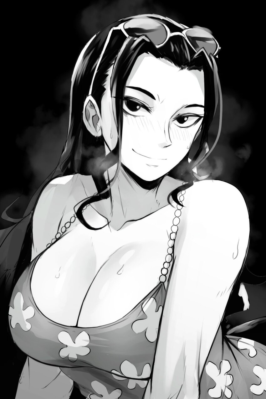 1girl bare_shoulders black_hair blush breasts breath camisole cleavage collarbone eyewear_on_head floral_print funi_xd greyscale highres large_breasts long_hair looking_at_viewer monochrome nico_robin nico_robin_(punk_hazard) official_alternate_costume one_piece smile steam sunglasses sunglasses_on_head sweat
