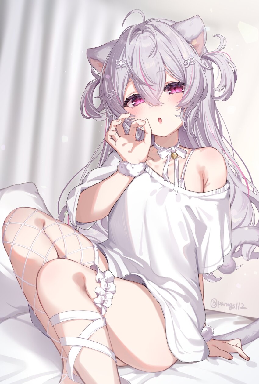 1girl animal_ears bed bra cat_ears cat_girl cat_tail fellatio_gesture fishnet_thighhighs fishnets frilled_thigh_strap fur_wrist_cuffs grey_hair hair_ornament highres long_hair looking_at_viewer multicolored_hair neck_ribbon no_pants off_shoulder on_bed open_mouth original paragasu_(parags112) pillow pink_eyes pink_hair ribbon shirt short_sleeves single_thighhigh sitting streaked_hair tail thigh_strap thighhighs two_side_up underwear white_bra white_hair white_ribbon white_shirt wrist_cuffs