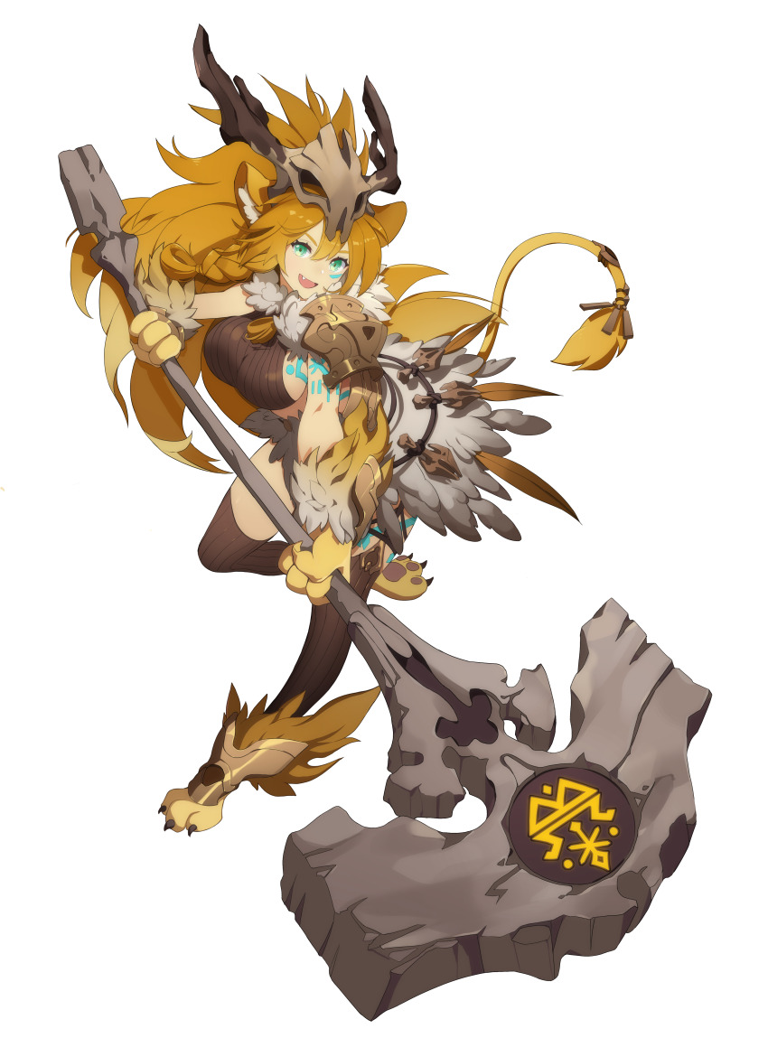 1girl absurdres aira_(eversoul) animal_ears animal_feet animal_hands animal_skull arm_tattoo armor body_fur braid breasts brown_hair brown_thighhighs chest_tattoo eversoul facial_tattoo fang feathers fur game_cg green_eyes headdress highres holding holding_weapon large_breasts leg_tattoo lion_ears lion_girl lion_tail long_hair looking_at_viewer official_art pauldrons ribbed_shirt ribbed_thighhighs shirt shoulder_armor sideboob single_braid single_pauldron tail tattoo thighhighs transparent_background tribal war_hammer weapon wrist_guards