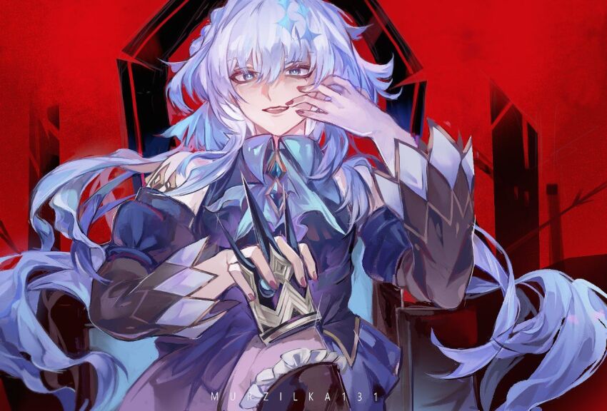 1girl artist_name blue_dress blue_eyes blue_hair cerydra_(honkai:_star_rail) commentary crown detached_sleeves dress english_commentary holding holding_crown honkai:_star_rail honkai_(series) long_hair looking_at_viewer murzilkaa131 open_mouth purple_nails red_background sitting_on_throne solo very_long_hair