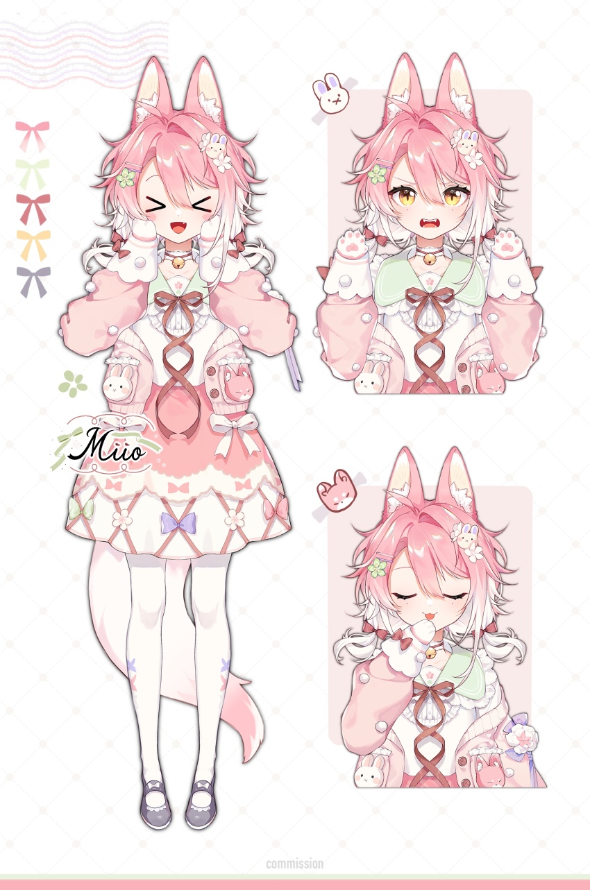 &gt;_&lt; 1girl absurdres animal_ears animal_hands arin_(fanfan013) artist_name bell chinese_commentary closed_eyes fang fangs fox_ears fox_girl fox_tail full_body highres indie_virtual_youtuber licking licking_hand long_sleeves multicolored_hair neck_bell open_mouth original pink_hair puffy_long_sleeves puffy_sleeves second-party_source suzui_anri tail tongue tongue_out two-tone_hair virtual_youtuber white_background white_hair yellow_eyes