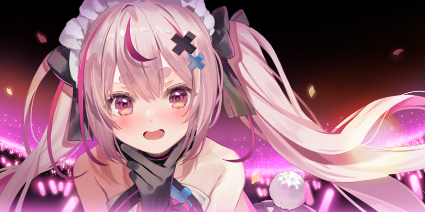 1girl :d bare_shoulders black_bow black_gloves blush bow collarbone commentary_request confetti gloves hair_between_eyes hair_bow hand_up indie_virtual_youtuber kanda_done long_hair looking_at_viewer maid_headdress multicolored_hair open_mouth pink_hair purple_eyes purple_hair rabbit_tail short_eyebrows smile solo streaked_hair tail thick_eyebrows tomari_mari twintails very_long_hair virtual_youtuber