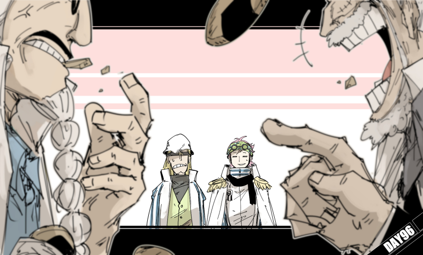+++ 4boys anger_vein arguing blindfold braid braided_beard clenched_teeth coat coat_on_shoulders koby_(one_piece) d: epaulettes facial_hair from_side hat headband helmeppo highres kankan33333 male_focus monkey_d._garp multiple_boys mustache one_piece open_mouth pink_hair pointing profile sengoku_(one_piece) smile teeth white_hair