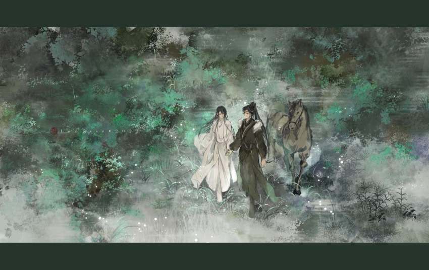 2boys black_boots black_hair black_hanfu black_headband boots bridle chinese_clothes chinese_commentary closed_mouth foliage full_body grass hanfu headband high_ponytail highres holding holding_hands holding_reins horse lanfsir letterboxed long_hair long_sleeves looking_at_another male_focus multiple_boys ponytail qiang_jin_jiu reins saddle shen_zechuan smile standing white_boots white_hanfu wide_sleeves xiao_chiye yaoi