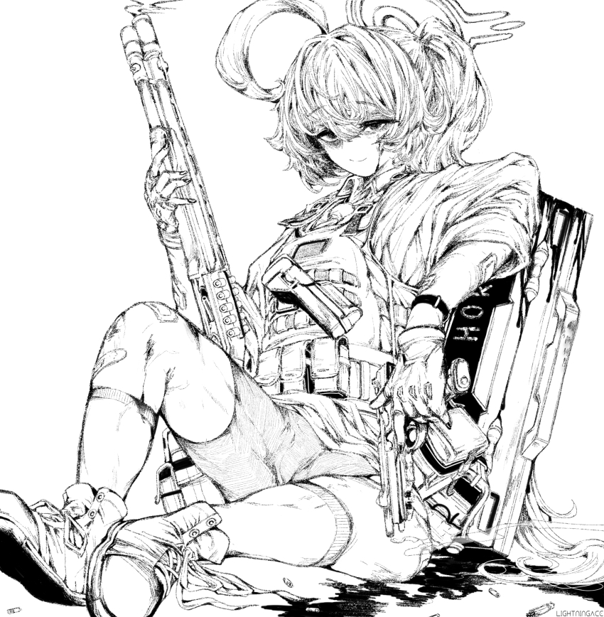 1girl ahoge ammunition_pouch bags_under_eyes beretta_1301 beretta_92 blue_archive bulletproof_vest gun hair_between_eyes handgun highres holding holding_gun holding_shield holding_weapon hoshino_(armed)_(blue_archive) hoshino_(blue_archive) lightningace long_hair looking_at_viewer ponytail pouch shield shoes shorts shotgun sidelocks smile socks weapon