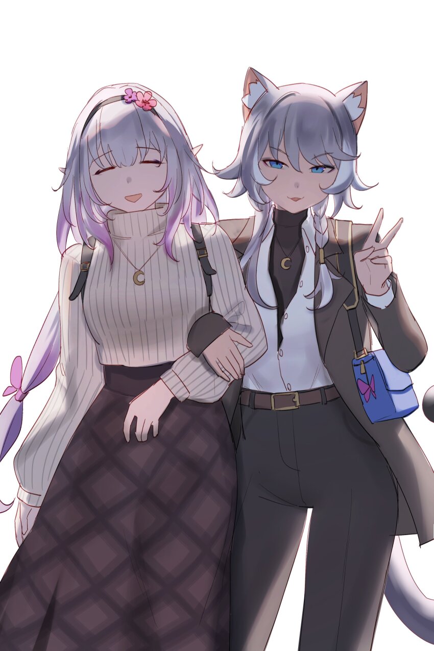 2girls absurdres alternate_costume animal_ears aragiken bag belt blue_bag blue_eyes brown_belt brown_jacket brown_pants brown_shirt brown_skirt castorice_(honkai:_star_rail) cat_ears cat_girl cipher_(honkai:_star_rail) closed_eyes commentary couple crescent crescent_necklace english_commentary feet_out_of_frame flower_hairband hand_up handbag highres holding_another&#039;s_arm honkai:_star_rail honkai_(series) jacket jewelry long_hair multiple_girls necklace open_mouth pants purple_hair ribbed_sweater shirt simple_background skirt standing sweater turtleneck turtleneck_shirt turtleneck_sweater very_long_hair white_background white_hair white_shirt white_sweater yuri
