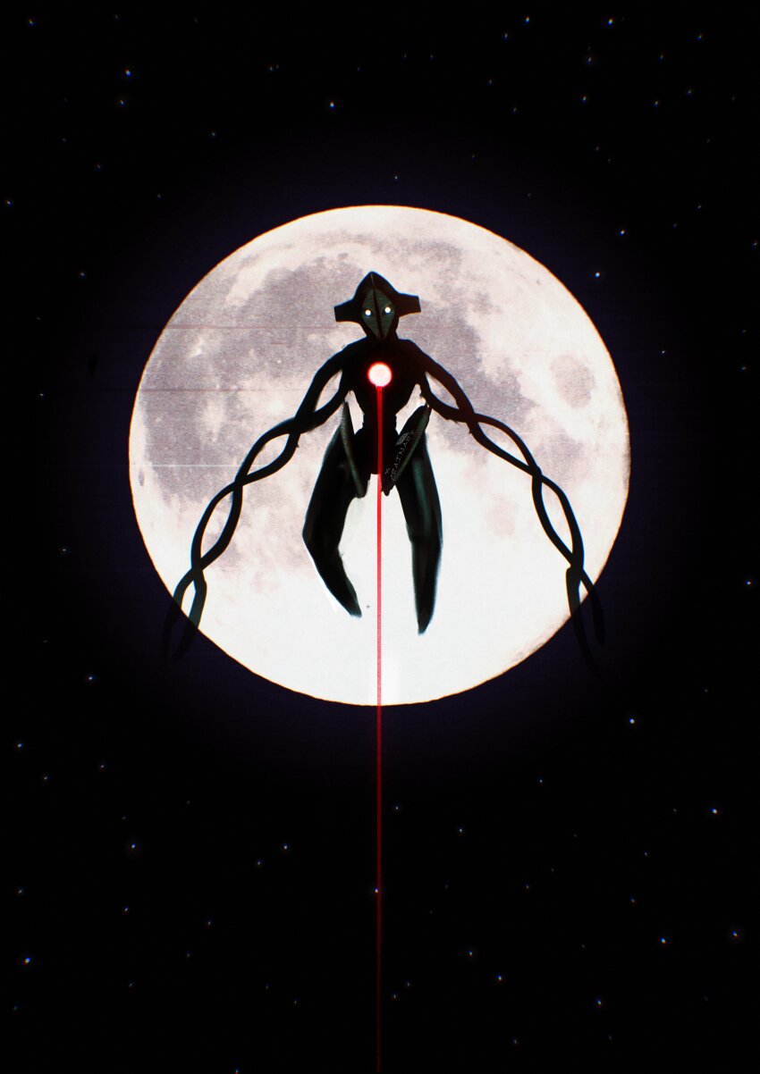 absurdres alien black_sky commentary crain1art deoxys deoxys_(normal) full_moon gen_3_pokemon glowing glowing_eyes highres hole_in_chest hole_on_body moon mythical_pokemon night night_sky nintendo no_mouth outstretched_arms pokemon pokemon_(creature) pokemon_focus sky star_(sky) starry_sky straight-on