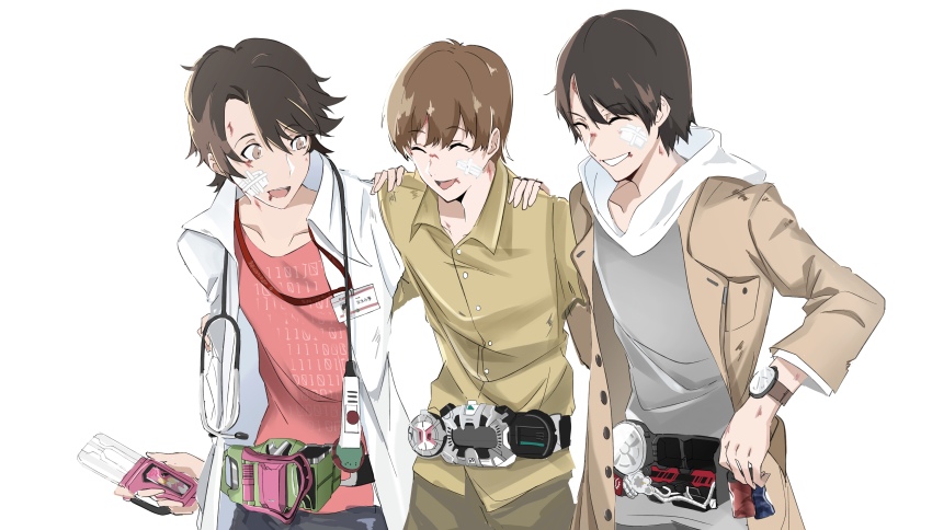 3boys absurdres bandaid brown_hair bruise grin highres houjou_emu injury kamen_rider kamen_rider_build_(series) kamen_rider_ex-aid_(series) kamen_rider_zi-o_(series) kiryuu_sento lab_coat long_coat male_focus multiple_boys name_tag rider_belt rider_gashat smile stethoscope tokiwa_sougo watch white_background wristwatch wuke_(hp421220153)