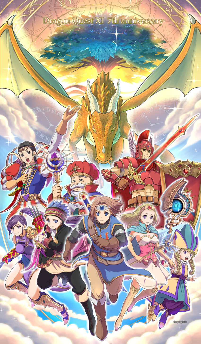 1other 3girls 5boys absurdres anniversary armlet armor ascot black_eyes black_hair blonde_hair blue_cape blue_eyes blue_hair blue_tabard braid brown_gloves brown_hair camus_(dq11) cape china_dress chinese_clothes circlet commentary_request copyright_name corset dagger dragon dragon_quest dragon_quest_xi dress earrings everyone facial_hair flower gem gloves gold_circlet gold_earrings greig_(dq11) grey_eyes hair_slicked_back hairband helmet hero_(dq11) high_ponytail highres holding holding_dagger holding_knife holding_staff holding_sword holding_wand holding_weapon hoop_earrings jewelry knife koshi_(meermisa) low_twin_braids martina_(dq11) multiple_boys multiple_girls muscular muscular_male mustache necklace official_alternate_costume pearl_necklace pink_corset ponytail purple_dress purple_eyes purple_hair red_armor red_flower red_gemstone red_helmet red_rose rose row_(dq11) senya_(dq11) short_hair silver_armlet silver_circlet spiked_hair staff strapless strapless_dress sword sylvia_(dq11) tabard twin_braids veronica_(dq11) wand weapon white_ascot white_dress winged_helmet yellow_gloves yggdrasil