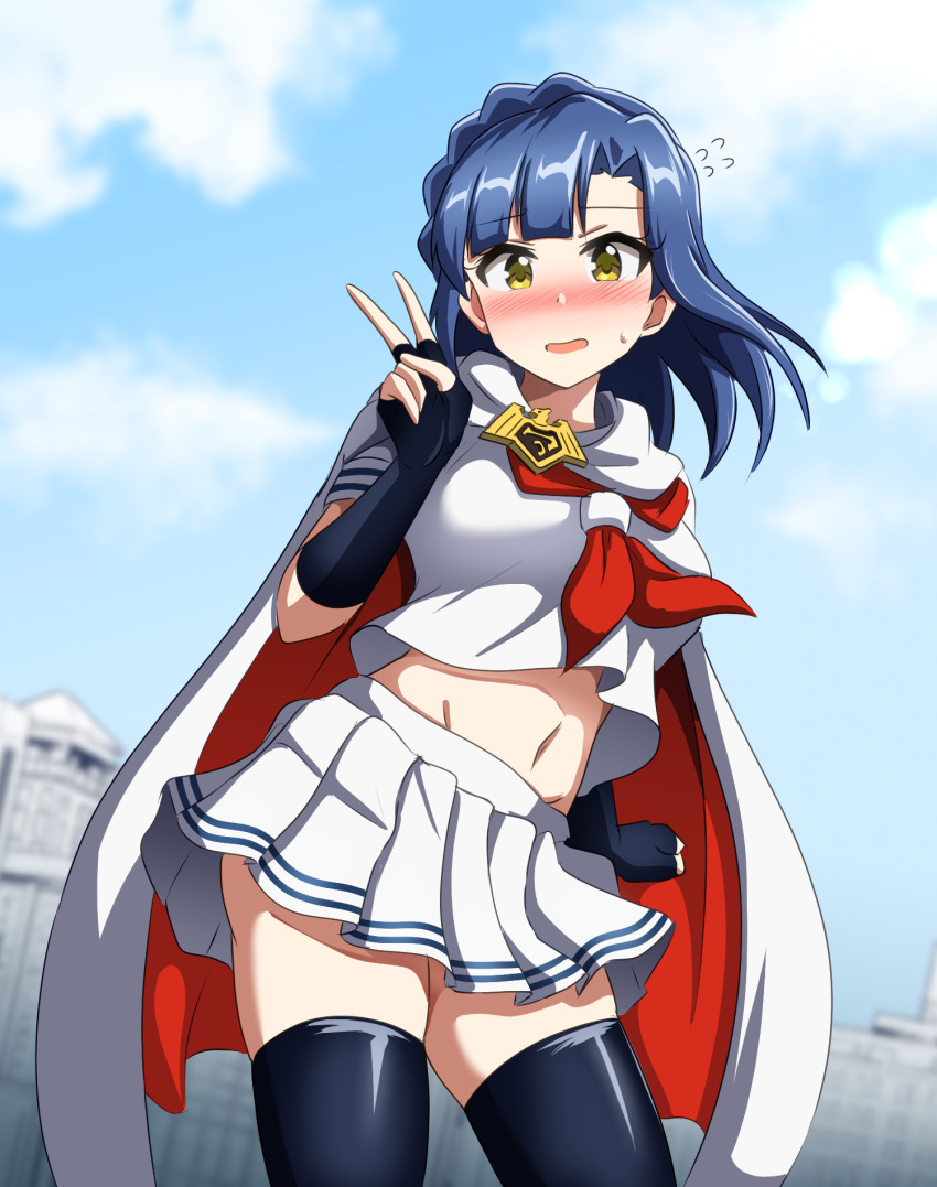 amulet black_gloves black_thighhighs blue_hair blush braid breasts city cloak crop_top dot_nose fingerless_gloves gloves highres idol_heroes_(idolmaster) idolmaster idolmaster_million_live! looking_at_viewer looking_back mighty_sailor miniskirt nanao_yuriko navel neckerchief okutanro open_mouth outdoors pleated_skirt red_neckerchief shirt skirt standing thighhighs v white_cloak white_shirt white_skirt yellow_eyes