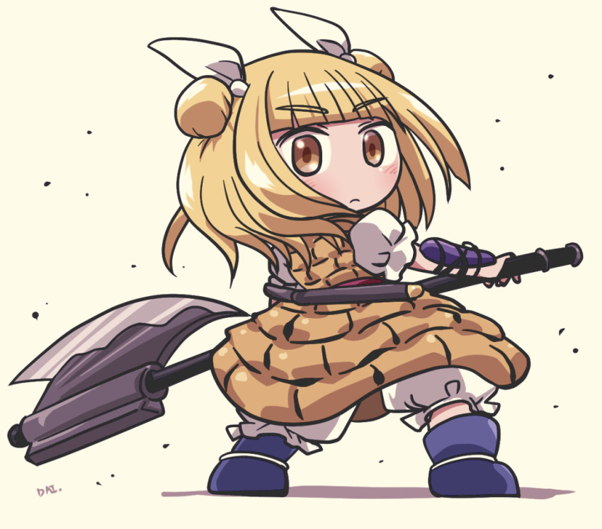 1girl armor axe blonde_hair blue_boots blunt_bangs boots closed_mouth commentary_request double_bun frown full_body hair_bun hair_ribbon holding holding_axe holding_weapon joutouguu_mayumi looking_at_viewer looking_back medium_hair ribbon rokugou_daisuke sheath short_sleeves signature simple_background solo standing touhou v-shaped_eyebrows vambraces weapon white_ribbon yellow_eyes
