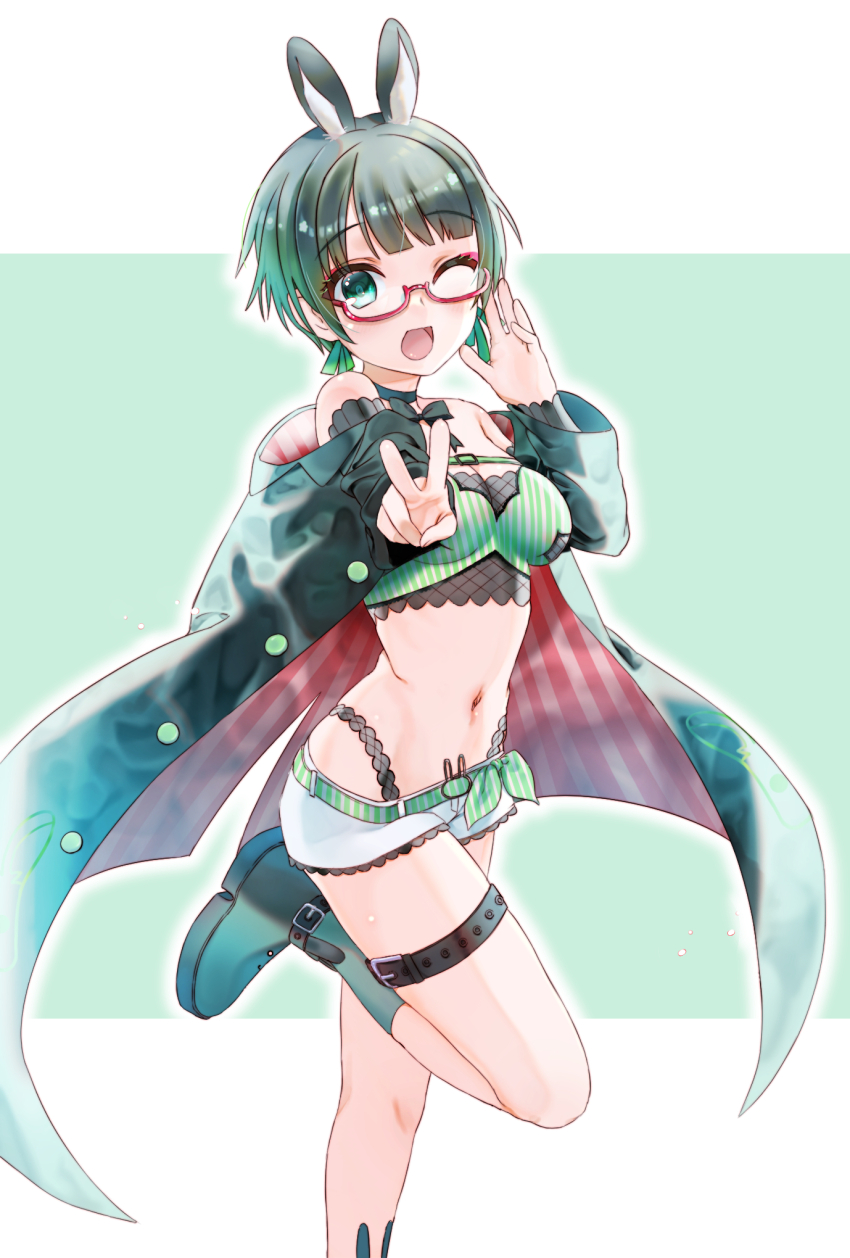 1girl ;d animal_ears bare_shoulders blush boots breasts choker cleavage coat commentary curvy glasses green_background green_boots green_choker green_coat green_eyes green_hair green_theme hand_up happy highres indie_virtual_youtuber long_sleeves looking_at_viewer medium_breasts micro_shorts natsuoto_rito navel one_eye_closed open_clothes open_coat open_mouth outstretched_arm rabbit_ears red-framed_eyewear semi-rimless_eyewear short_hair shorts simple_background smile solo standing standing_on_one_leg tammy_(vtuber) thigh_strap two-tone_background v virtual_youtuber white_background white_shorts