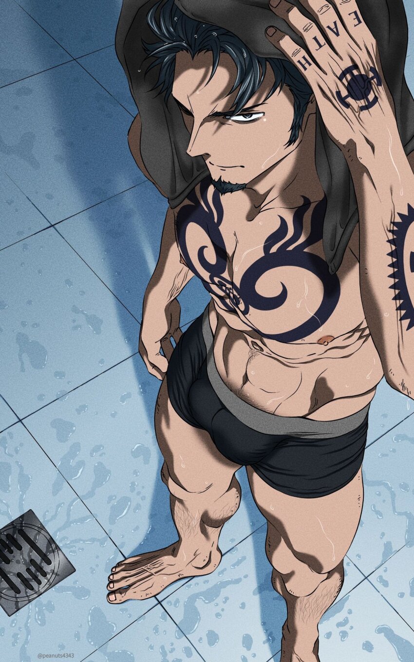 1boy abs after_bathing bara black_hair black_male_underwear boxers bulge calves dark-skinned_male dark_skin drying drying_hair from_above highres leg_hair long_sideburns looking_at_viewer male_focus male_underwear navel navel_hair nipples one_piece pectoral_cleavage pectorals pinattsu short_hair sideburns solo standing stomach toned toned_male topless_male trafalgar_law underwear veiny_feet wet wet_hair