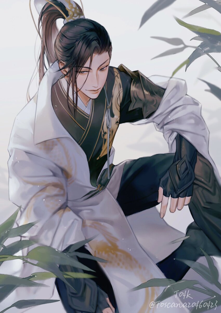 1boy armor artist_name black_gloves black_hair black_pants blurry blurry_background brown_eyes character_request chinese_clothes closed_mouth fang_yingkan fingerless_gloves gloves grey_background hair_ornament highres light_particles long_hair looking_to_the_side male_focus nishui_han pants plant ponytail robe shirt shoulder_armor solo thick_lips toscana20460423 twitter_username white_robe white_shirt