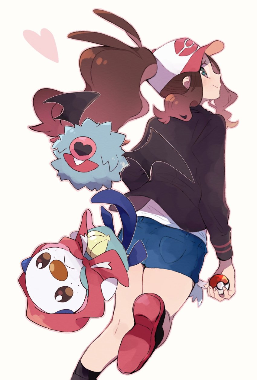 1girl baseball_cap blue_shorts brown_hair closed_mouth commentary_request eyelashes gen_5_pokemon hat heart highres hilda_(pokemon) holding holding_poke_ball jacket looking_back misha_(ohds101) nintendo oshawott poke_ball poke_ball_(basic) pokemon pokemon_(creature) pokemon_bw ponytail shirt short_shorts shorts sidelocks simple_background smile white_background white_shirt woobat