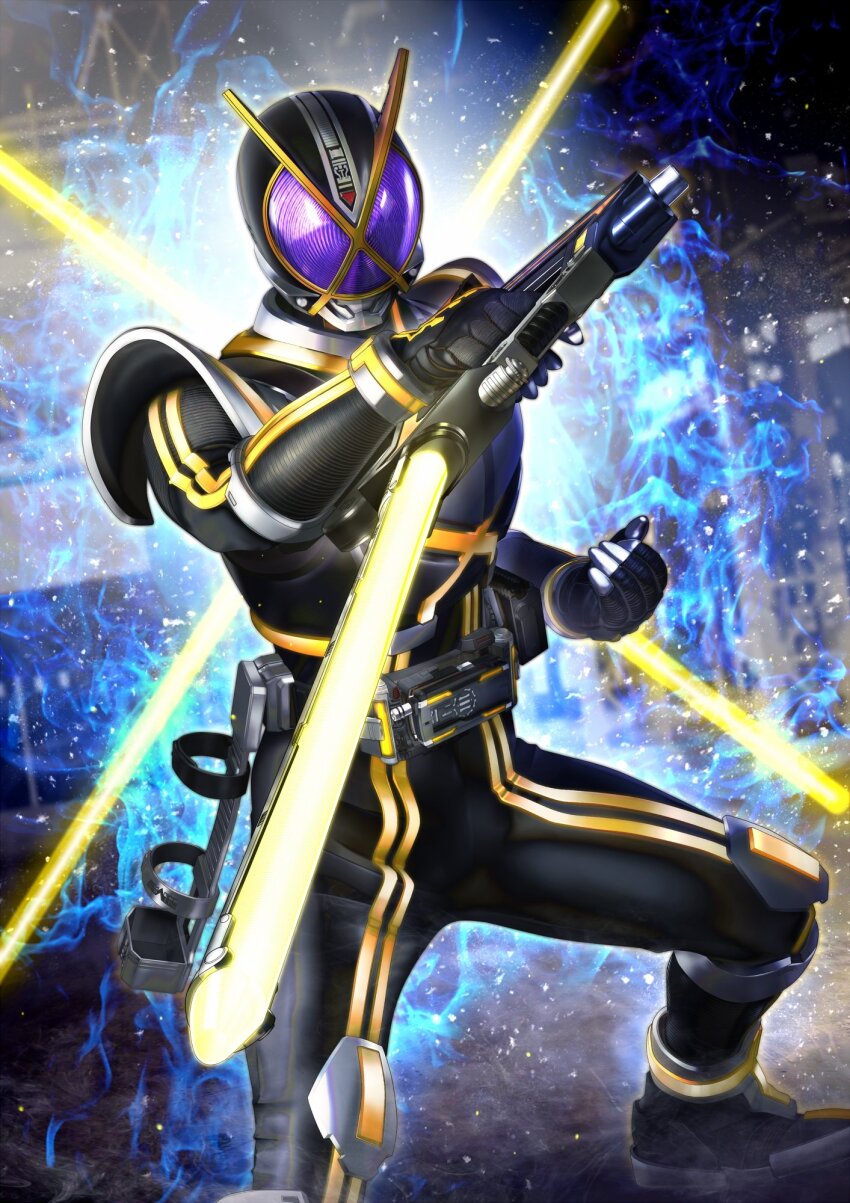 1boy anniversary armor belt black_footwear bodysuit city cityscape glowing glowing_eyes helmet highres holding holding_weapon kamen_rider kamen_rider_555 kamen_rider_kaixa male_focus masukudo_(hamamoto_hikaru) neon_trim reverse_grip solo sword tokusatsu weapon