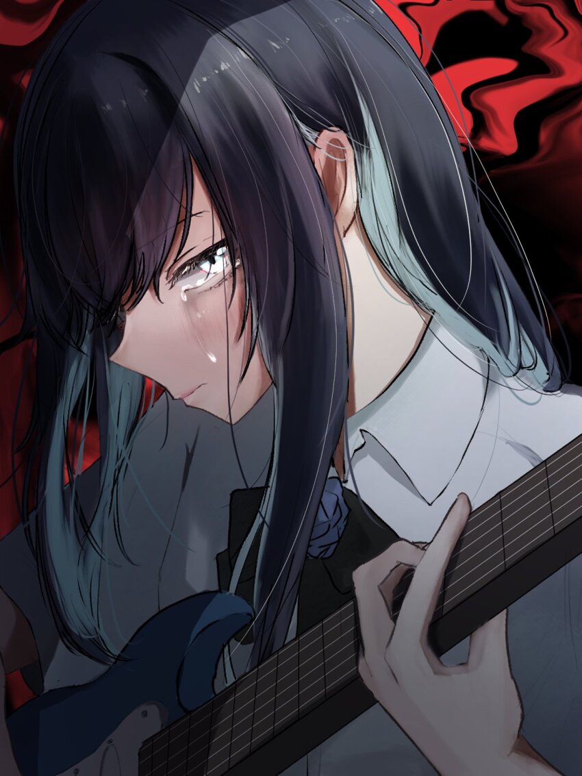 1girl ado_(utaite) black_bow black_bowtie black_hair blue_flower blue_hair blue_rose bow bowtie chando_(ado) collared_shirt colored_inner_hair commentary crying crying_with_eyes_open electric_guitar flower flower_brooch guitar hashtag-only_commentary highres instrument long_hair looking_at_viewer multicolored_hair playing_guitar rose shade shirt sidelocks solo tanake_(tanakei_ado) tears utaite white_shirt