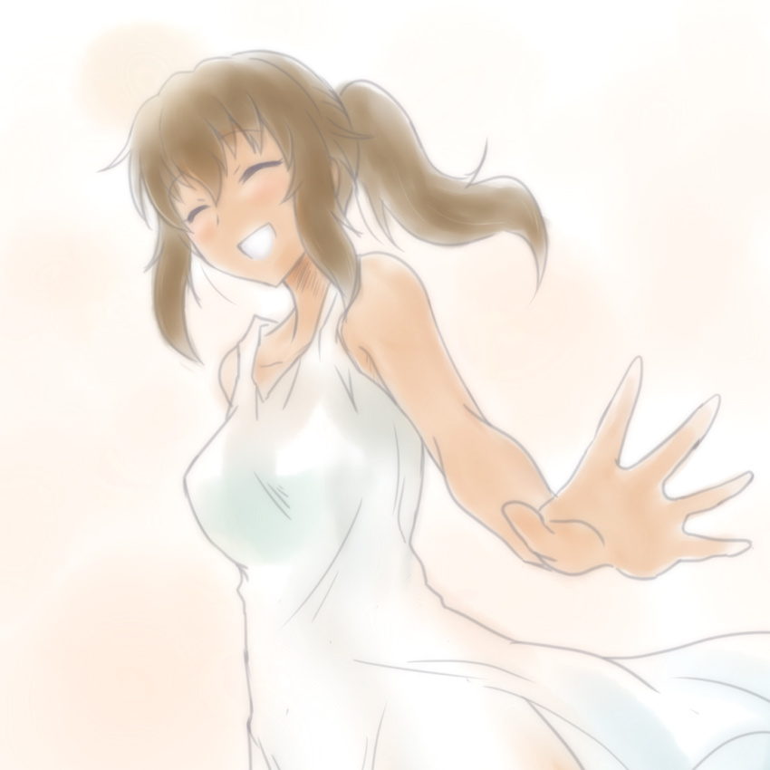 1girl ^_^ brown_hair closed_eyes dark-skinned_female dark_skin dress fate/zero fate_(series) female_focus long_hair pale_color ponytail shirley_(fate) solo utakatanagi