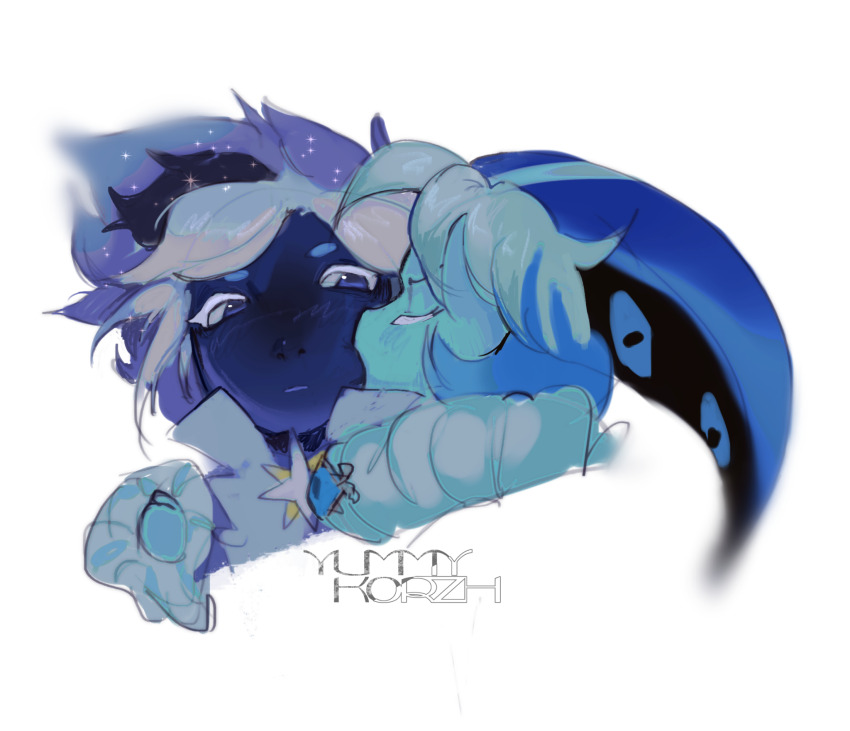 blue_eyes blue_fire blue_hair blue_skin brooch colored_skin cookie_run cookie_run:_kingdom fire highres humanization jewelry long_hair male_focus multicolored_hair neck_ruff shadow_milk_cookie short_hair simple_background stardust_cookie two-tone_hair upper_body very_long_hair white_hair yummy-korzh