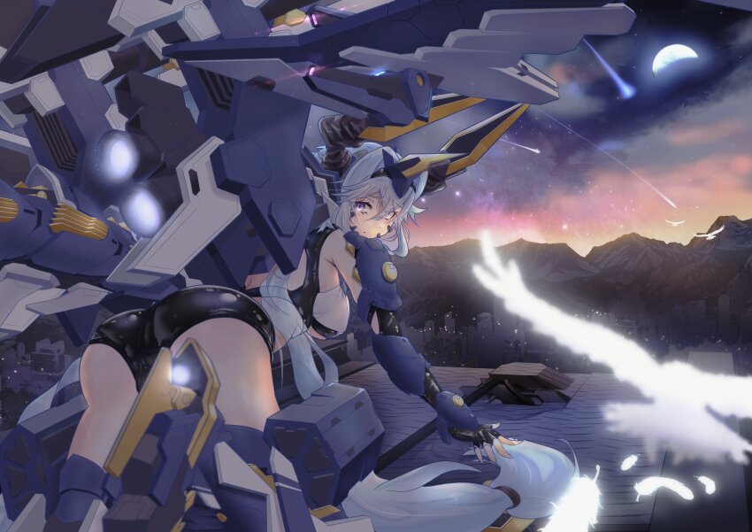 4levfcedai77jgq absurdres all_fours armor bikini_armor bird blue_hair breasts cityscape dragon_girl dragon_horns energy_cannon feathers hair_between_eyes headpiece highres horns large_breasts long_hair looking_at_viewer mecha_musume mechanical_legs mechanical_tail mechanical_wings missile_pod moon mountainous_horizon purple_eyes railgun rhine_(starward) sky starward tail very_long_hair wings