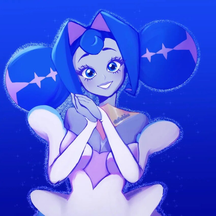 android blue_eyes blue_hair breasts cleavage dress flower glitch_productions knights_of_guinevere petals pink_flower princess princess_guinevere purple_dress smile solo