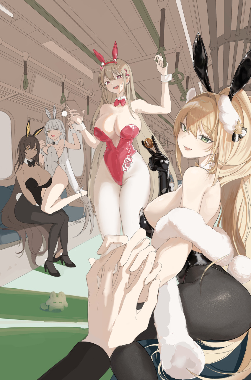 1boy 4girls :d absurdres animal_ears bare_shoulders black_bow black_bowtie black_footwear black_gloves black_leotard black_necktie blanc_(nikke) blonde_hair bow bowtie breasts brown_eyes brown_hair brown_pantyhose cleavage closed_mouth coin commander_(nikke) covered_navel dark-skinned_female dark_skin detached_collar earrings fake_animal_ears fake_tail fang fishnet_pantyhose fishnets gloves goddess_of_victory:_nikke green_eyes hair_intakes hair_ornament hand_grip high_heels highleg highleg_leotard highres holding_hand_grip holding_hands horns interlocked_fingers jewelry large_breasts leotard long_hair looking_at_viewer medium_breasts multiple_girls necktie noir_(nikke) official_alternate_costume open_mouth oxcart pantyhose pink_horns playboy_bunny ponytail rabbit_ears rabbit_tail red_bow red_bowtie red_leotard rupee_(nikke) rupee_(rabbit_deluxe)_(nikke) sideboob sitting smile strapless strapless_leotard tail train train_interior very_long_hair viper_(nikke) viper_(toxic_rabbit)_(nikke) white_hair white_leotard white_pantyhose wrist_cuffs yellow_bow yellow_bowtie yellow_eyes