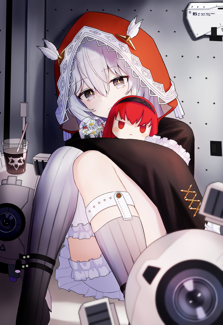 1girl 1other absurdres alpha-ikanago asymmetrical_legwear black_dress black_hairband character_doll doll dress frilled_dress frills grey_eyes grey_hair hair_between_eyes hairband hat_feather highres hugging_doll hugging_object long_hair looking_at_viewer mismatched_legwear no._21&#039;s_buddy_(pgr) no._21:_xxi_(red_hoodie)_(pgr) no._21_(pgr) non-humanoid_robot punishing:_gray_raven red_eyes red_hair red_hood robot vera_(pgr)